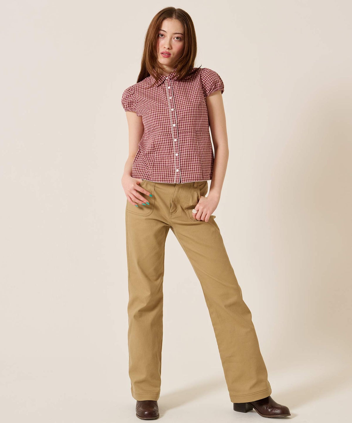 シャツ/トップス/フラワーボタン コンパクト チェック ブラウス TINA：JOJUN