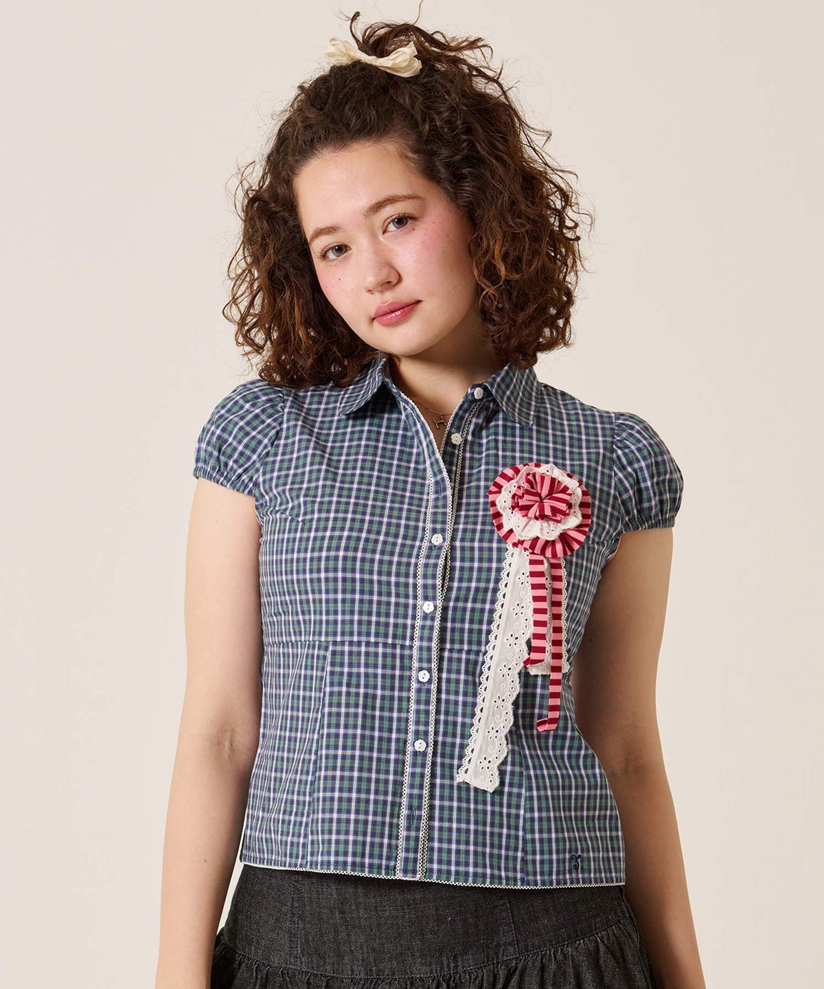 シャツ/トップス/フラワーボタン コンパクト チェック ブラウス TINA：JOJUN