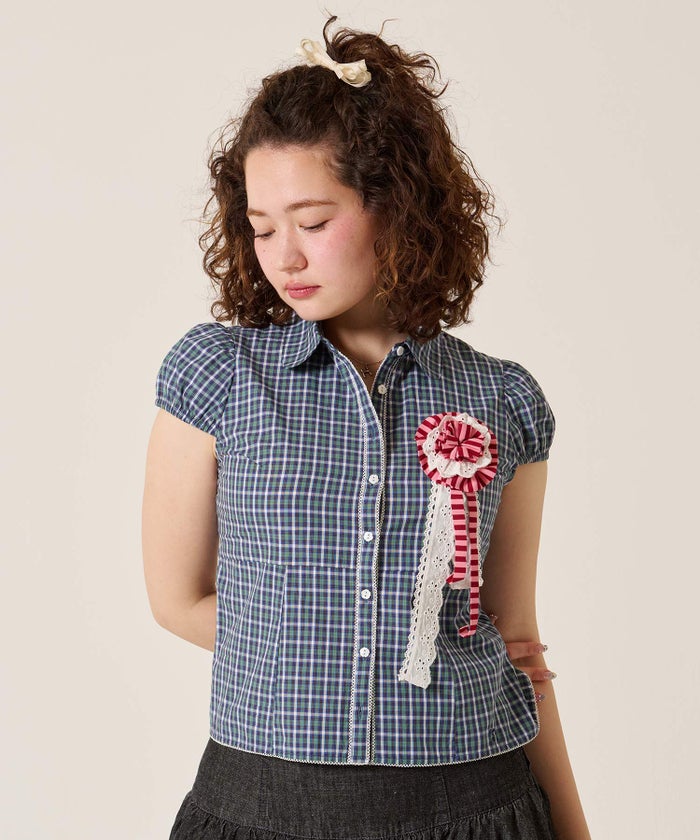 シャツ/トップス/フラワーボタン コンパクト チェック ブラウス TINA：JOJUN