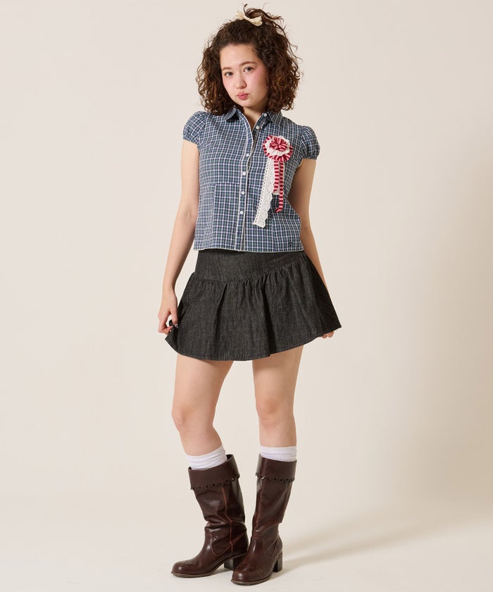 シャツ/トップス/フラワーボタン コンパクト チェック ブラウス TINA：JOJUN