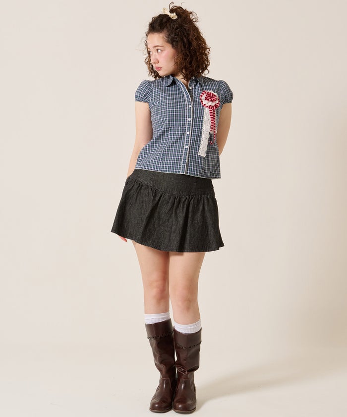 シャツ/トップス/フラワーボタン コンパクト チェック ブラウス TINA：JOJUN