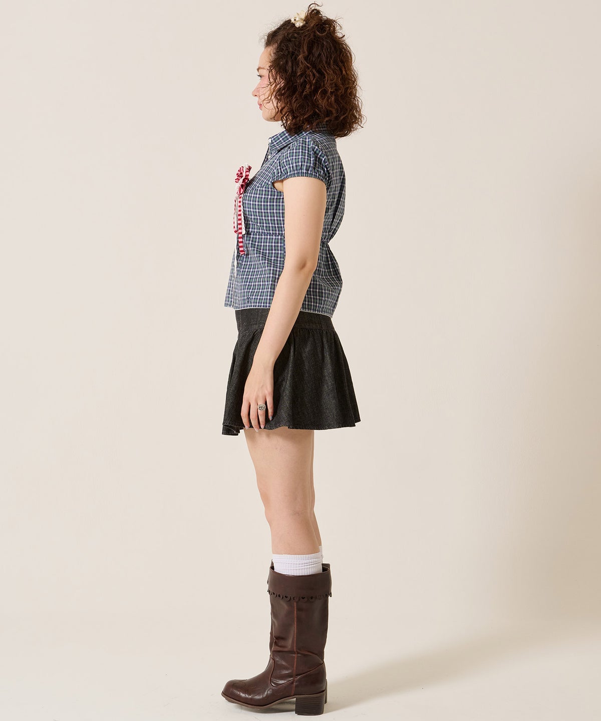 シャツ/トップス/フラワーボタン コンパクト チェック ブラウス TINA：JOJUN