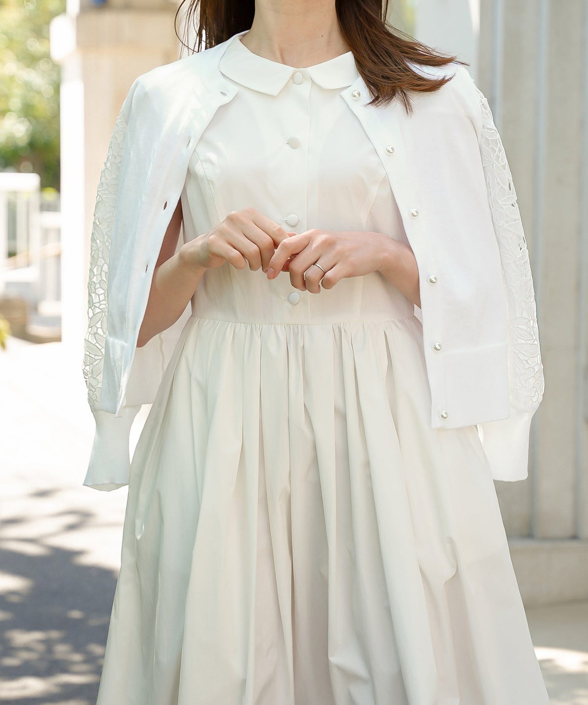 ニット トップス カーディガン レディース レース パールボタン きれいめ オフィス おしゃれ おすすめ かわいい ジョイントスペース