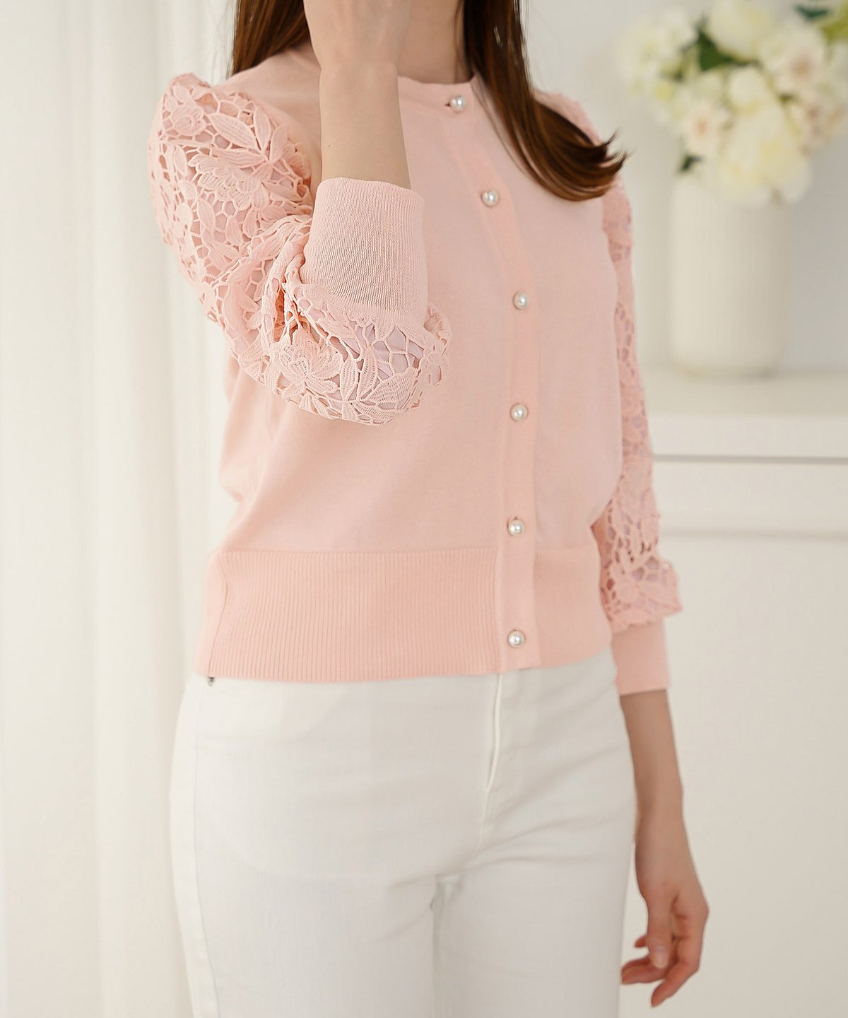 ニット トップス カーディガン レディース レース パールボタン きれいめ オフィス おしゃれ おすすめ かわいい ジョイントスペース