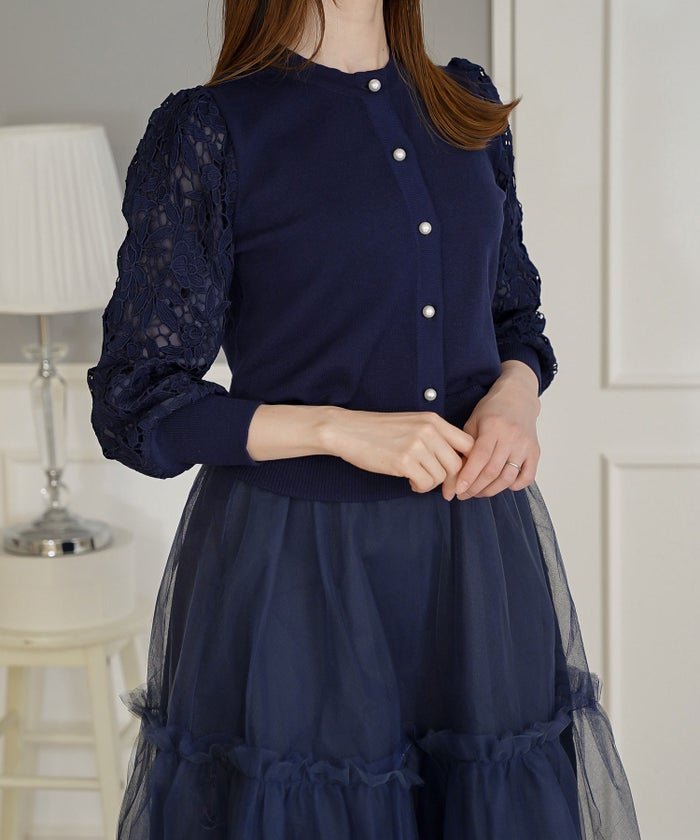 ニット トップス カーディガン レディース レース パールボタン きれいめ オフィス おしゃれ おすすめ かわいい ジョイントスペース