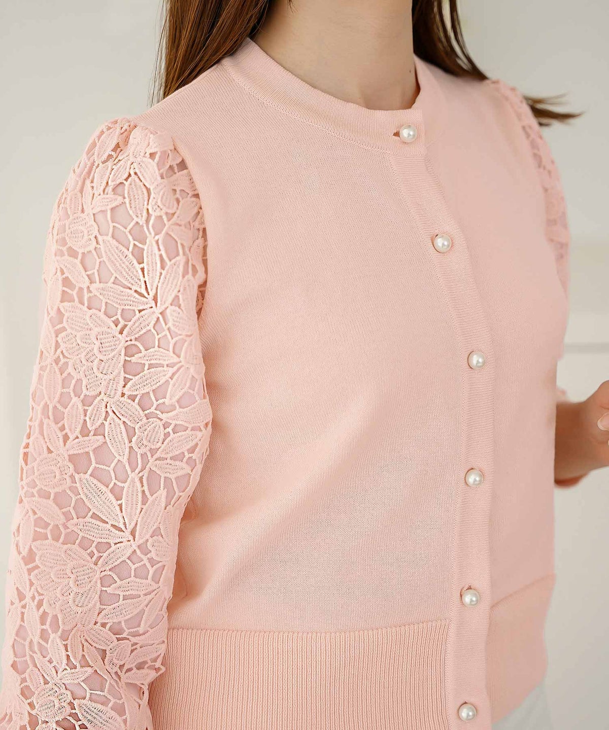 ニット トップス カーディガン レディース レース パールボタン きれいめ オフィス おしゃれ おすすめ かわいい ジョイントスペース