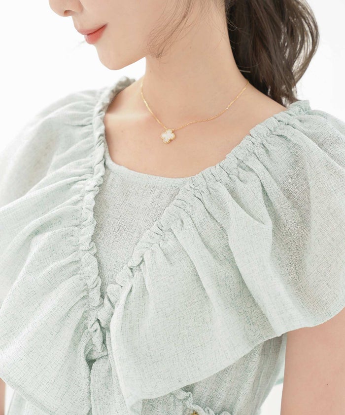 セットアップ ブラウス フリル ノースリーブ パンツ ワイドパンツ スクエアネック デコルテ 体型カバー ペプラム フリル袖 麻調 リネンライク 綿混 ポケット スタイリッシュ 上下セット 2点セット 夏　真夏 海 海水浴 旅行