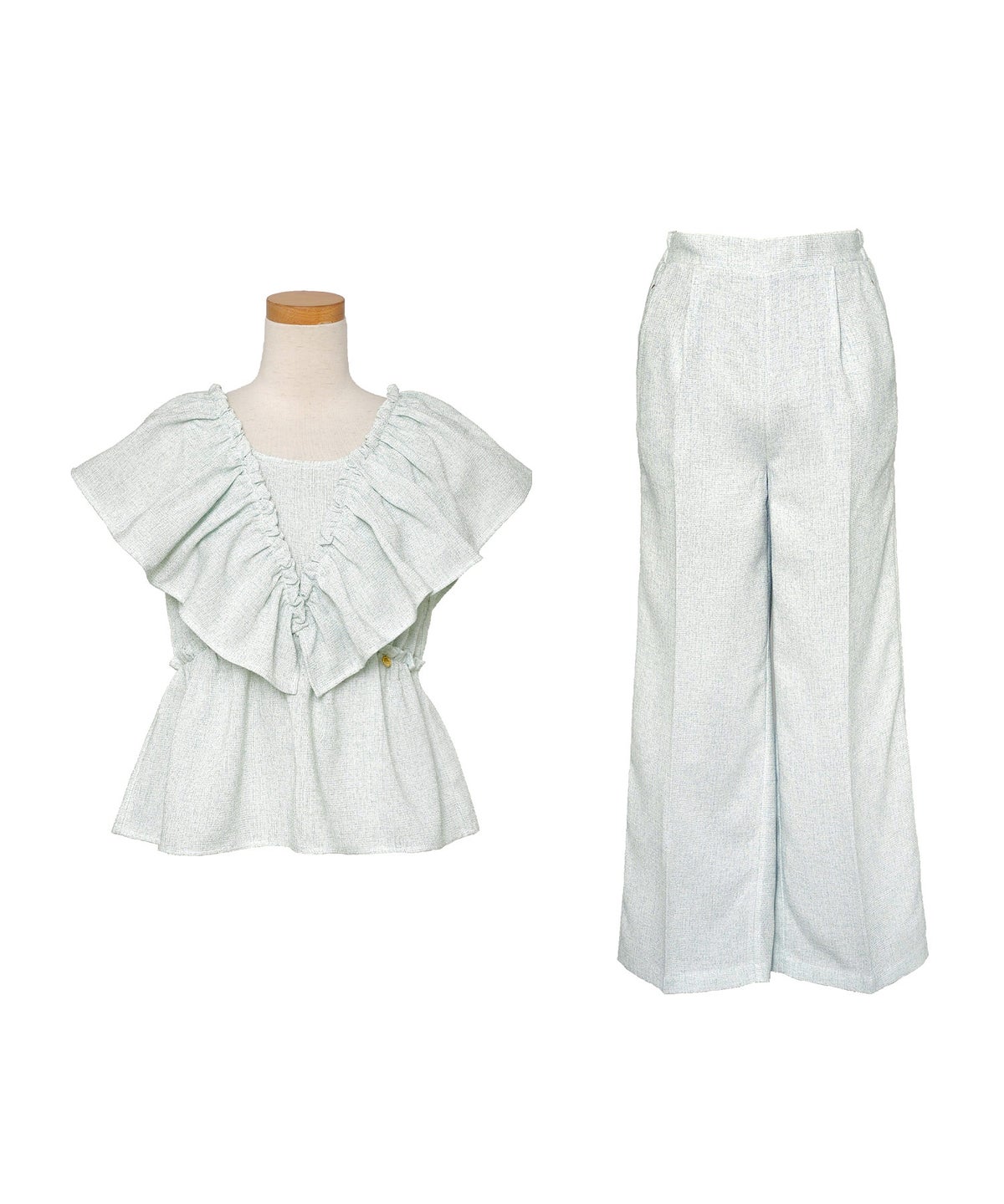 セットアップ ブラウス フリル ノースリーブ パンツ ワイドパンツ スクエアネック デコルテ 体型カバー ペプラム フリル袖 麻調 リネンライク 綿混 ポケット スタイリッシュ 上下セット 2点セット 夏　真夏 海 海水浴 旅行