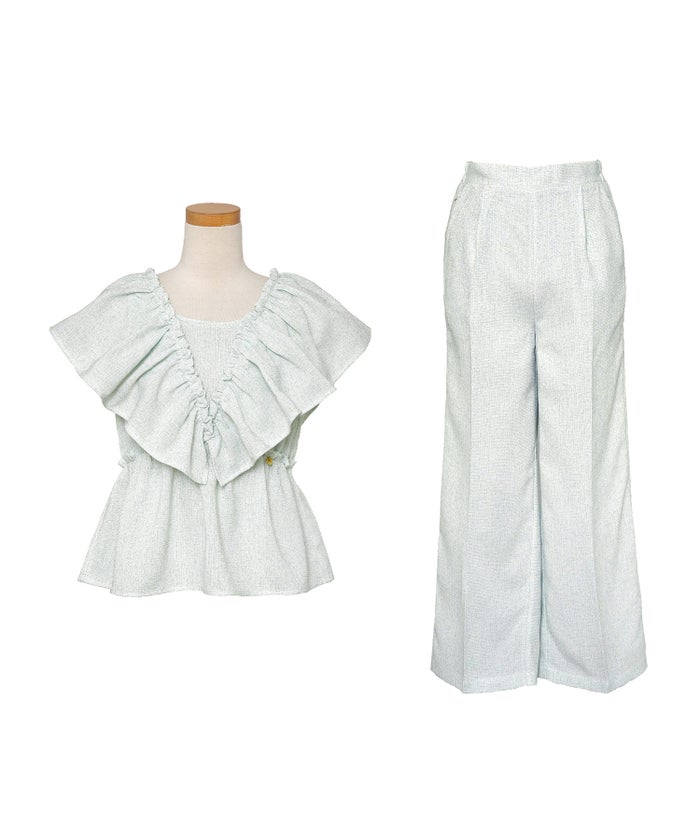 セットアップ ブラウス フリル ノースリーブ パンツ ワイドパンツ スクエアネック デコルテ 体型カバー ペプラム フリル袖 麻調 リネンライク 綿混 ポケット スタイリッシュ 上下セット 2点セット 夏　真夏 海 海水浴 旅行