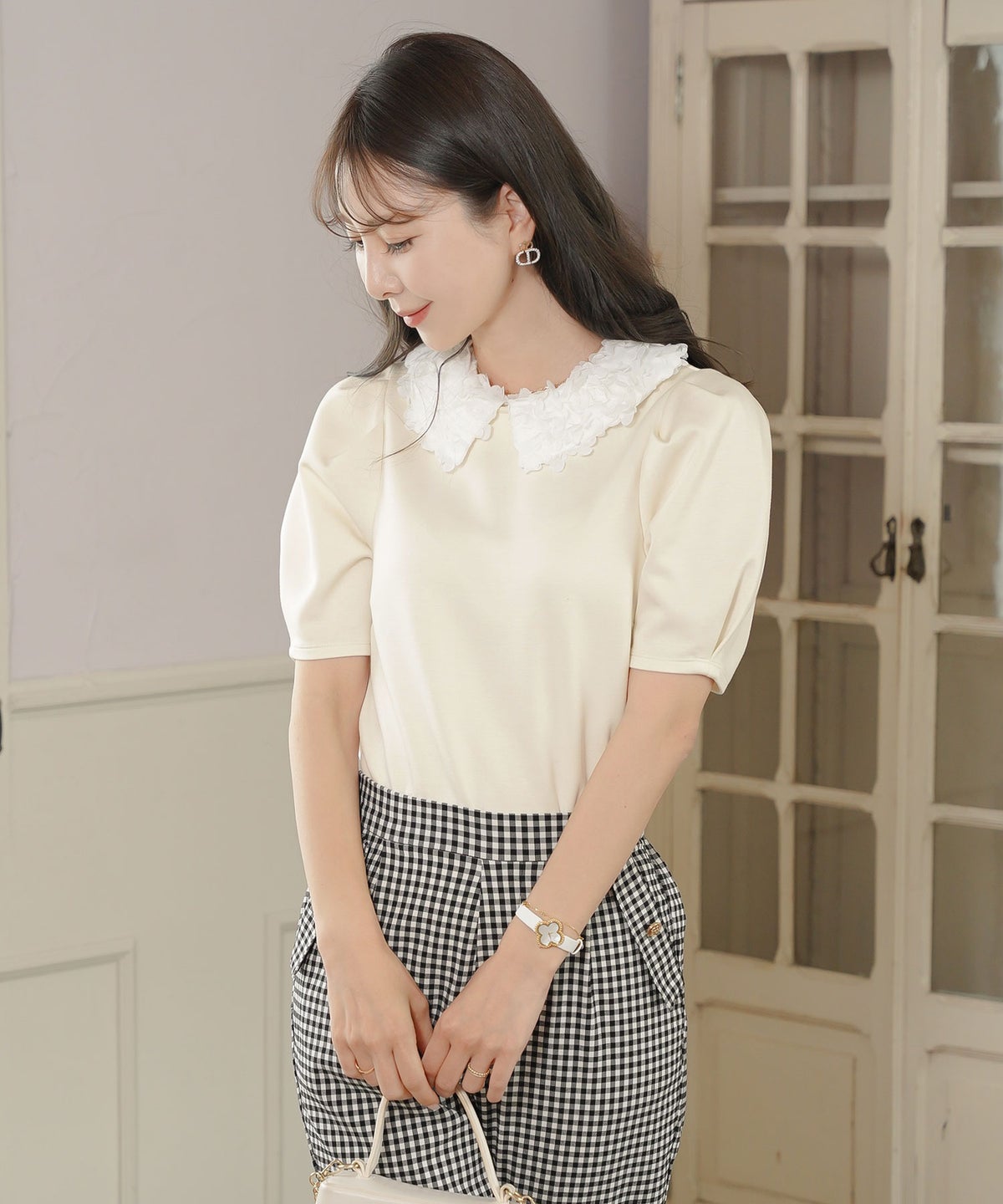 トップス カットソー 花襟 映え 襟付き 取り外し 2WAY 涙あき 半袖 Tシャツ タック ふんわり 二の腕カバー クルーネック ゆとり ホワイト ネイビー ピンク 配色 春 夏 秋 パンツコーデ