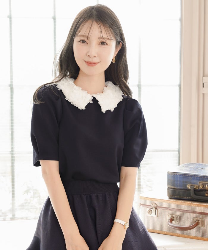 トップス カットソー 花襟 映え 襟付き 取り外し 2WAY 涙あき 半袖 Tシャツ タック ふんわり 二の腕カバー クルーネック ゆとり ホワイト ネイビー ピンク 配色 春 夏 秋 パンツコーデ