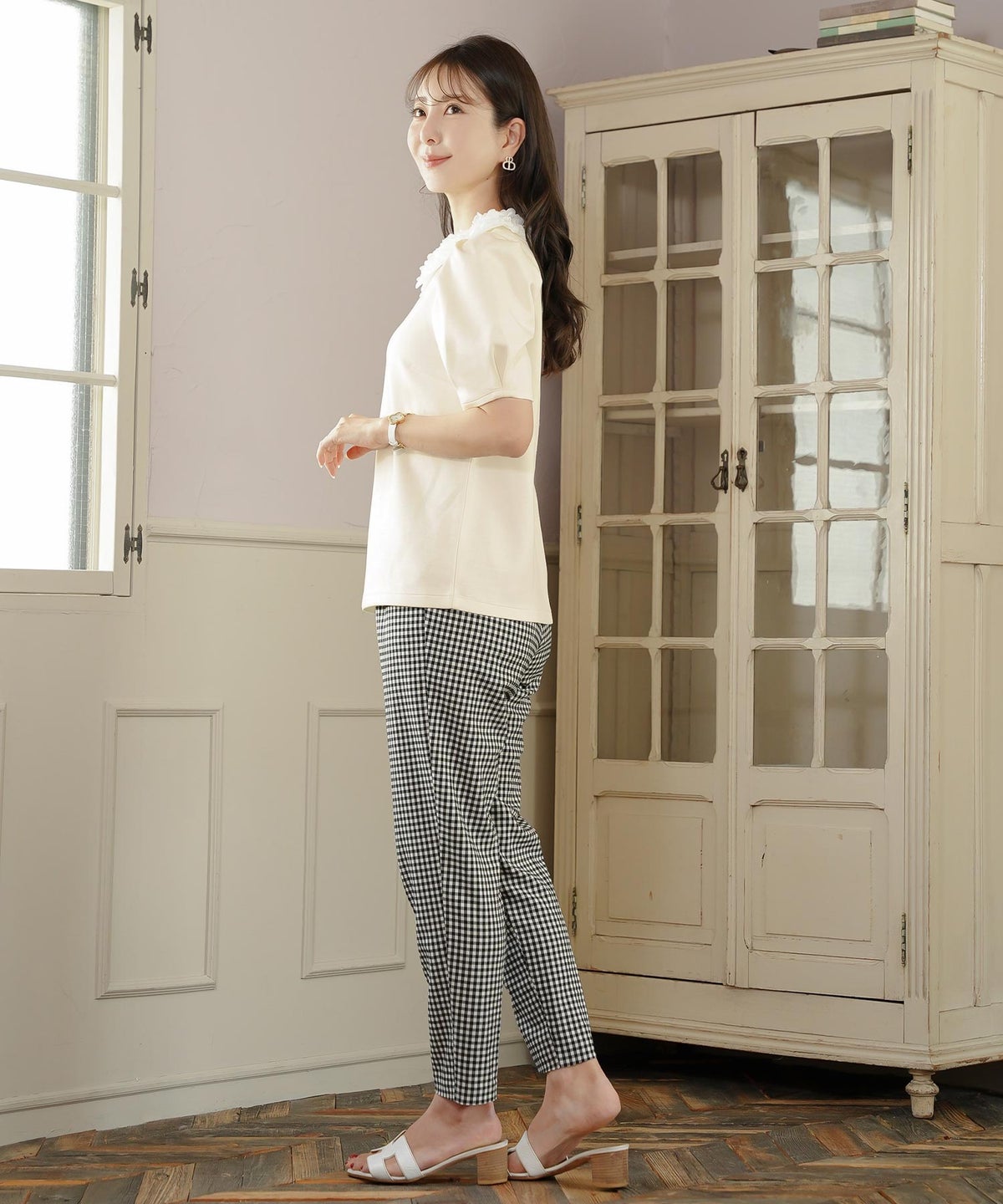 トップス カットソー 花襟 映え 襟付き 取り外し 2WAY 涙あき 半袖 Tシャツ タック ふんわり 二の腕カバー クルーネック ゆとり ホワイト ネイビー ピンク 配色 春 夏 秋 パンツコーデ