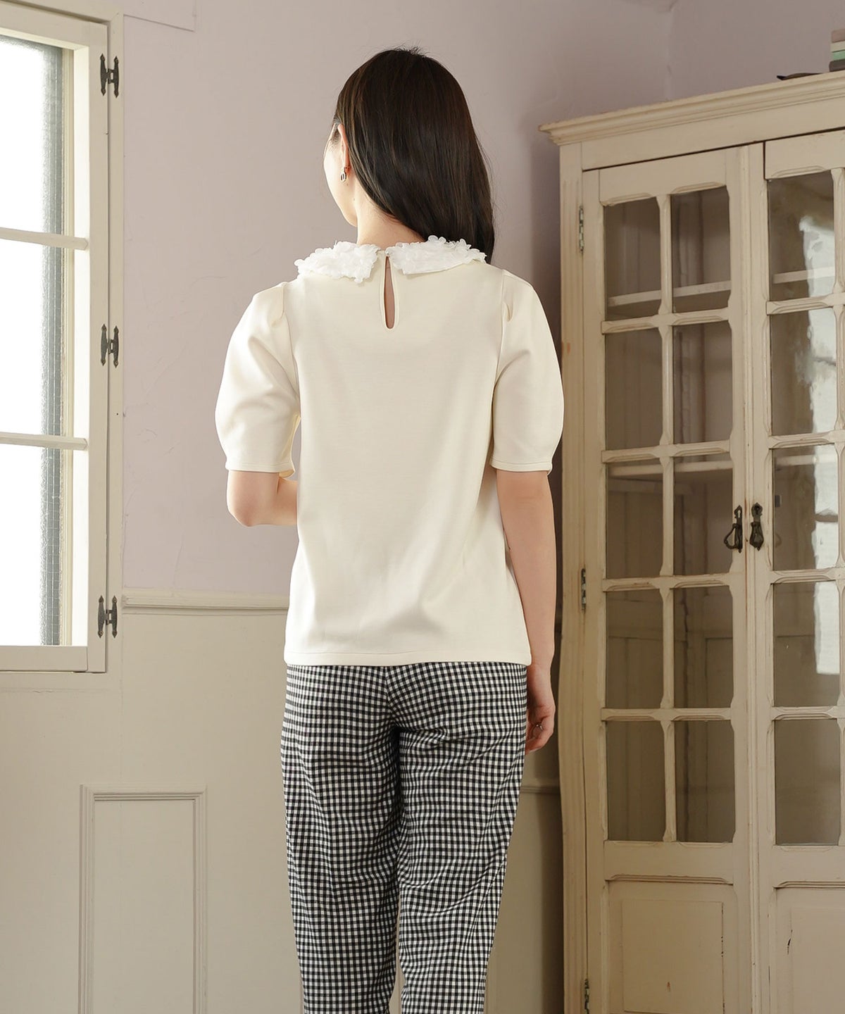 トップス カットソー 花襟 映え 襟付き 取り外し 2WAY 涙あき 半袖 Tシャツ タック ふんわり 二の腕カバー クルーネック ゆとり ホワイト ネイビー ピンク 配色 春 夏 秋 パンツコーデ