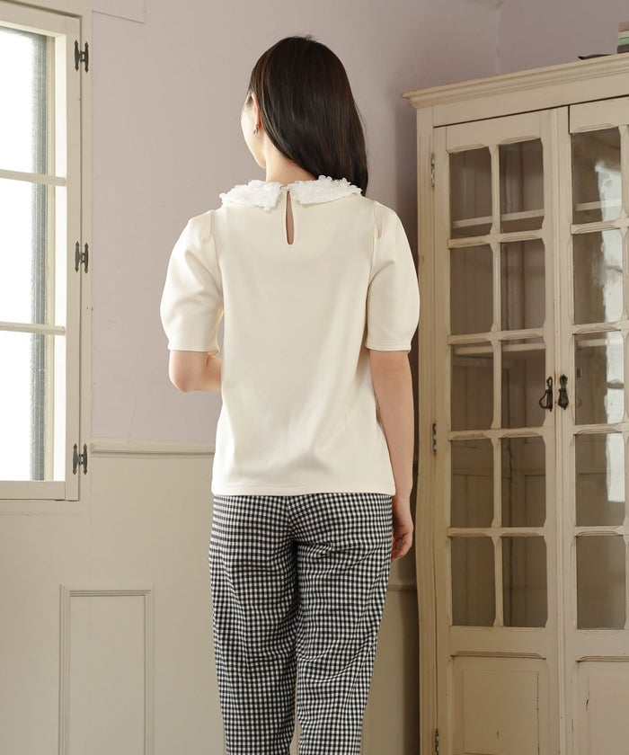 トップス カットソー 花襟 映え 襟付き 取り外し 2WAY 涙あき 半袖 Tシャツ タック ふんわり 二の腕カバー クルーネック ゆとり ホワイト ネイビー ピンク 配色 春 夏 秋 パンツコーデ