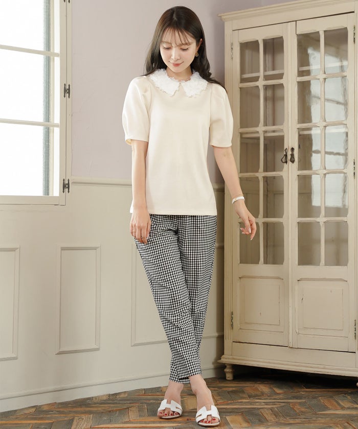 トップス カットソー 花襟 映え 襟付き 取り外し 2WAY 涙あき 半袖 Tシャツ タック ふんわり 二の腕カバー クルーネック ゆとり ホワイト ネイビー ピンク 配色 春 夏 秋 パンツコーデ