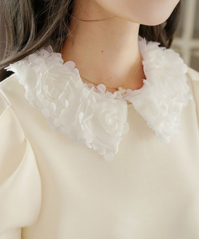 トップス カットソー 花襟 映え 襟付き 取り外し 2WAY 涙あき 半袖 Tシャツ タック ふんわり 二の腕カバー クルーネック ゆとり ホワイト ネイビー ピンク 配色 春 夏 秋 パンツコーデ