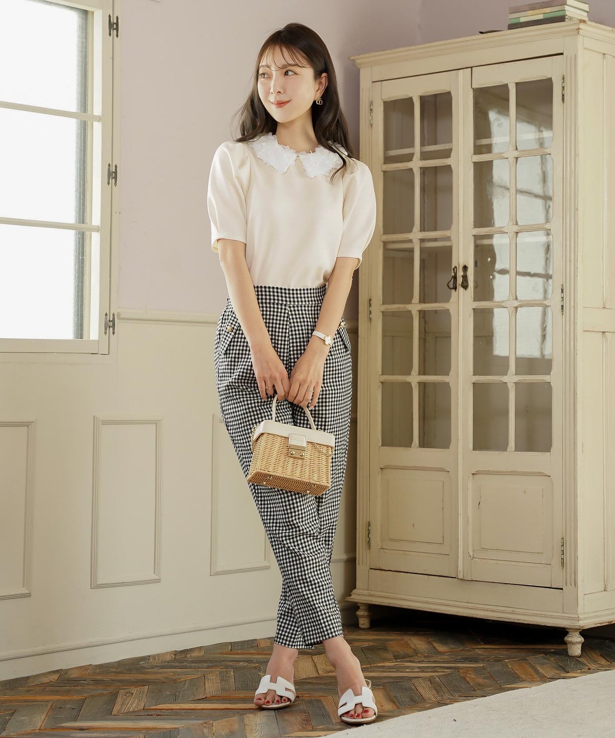 トップス カットソー 花襟 映え 襟付き 取り外し 2WAY 涙あき 半袖 Tシャツ タック ふんわり 二の腕カバー クルーネック ゆとり ホワイト ネイビー ピンク 配色 春 夏 秋 パンツコーデ