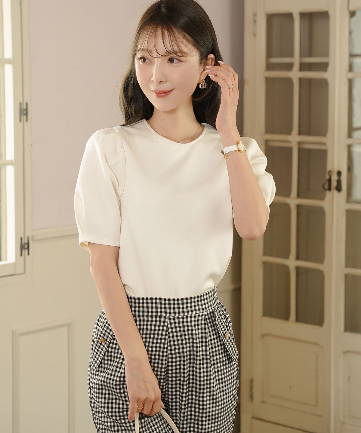 トップス カットソー 花襟 映え 襟付き 取り外し 2WAY 涙あき 半袖 Tシャツ タック ふんわり 二の腕カバー クルーネック ゆとり ホワイト ネイビー ピンク 配色 春 夏 秋 パンツコーデ