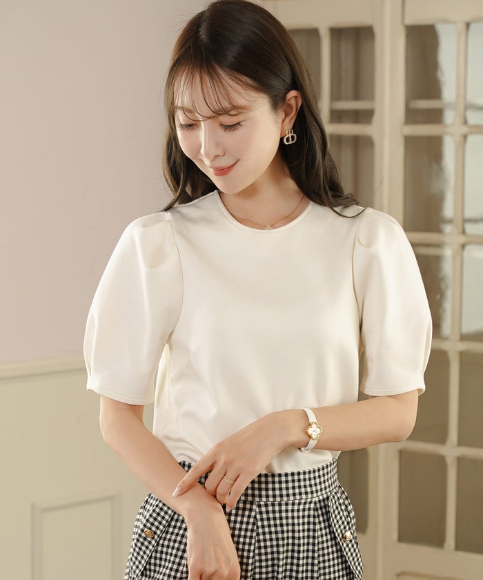 トップス カットソー 花襟 映え 襟付き 取り外し 2WAY 涙あき 半袖 Tシャツ タック ふんわり 二の腕カバー クルーネック ゆとり ホワイト ネイビー ピンク 配色 春 夏 秋 パンツコーデ