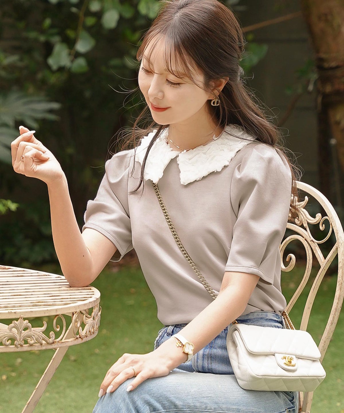 トップス カットソー 花襟 映え 襟付き 取り外し 2WAY 涙あき 半袖 Tシャツ タック ふんわり 二の腕カバー クルーネック ゆとり ホワイト ネイビー ピンク 配色 春 夏 秋 パンツコーデ