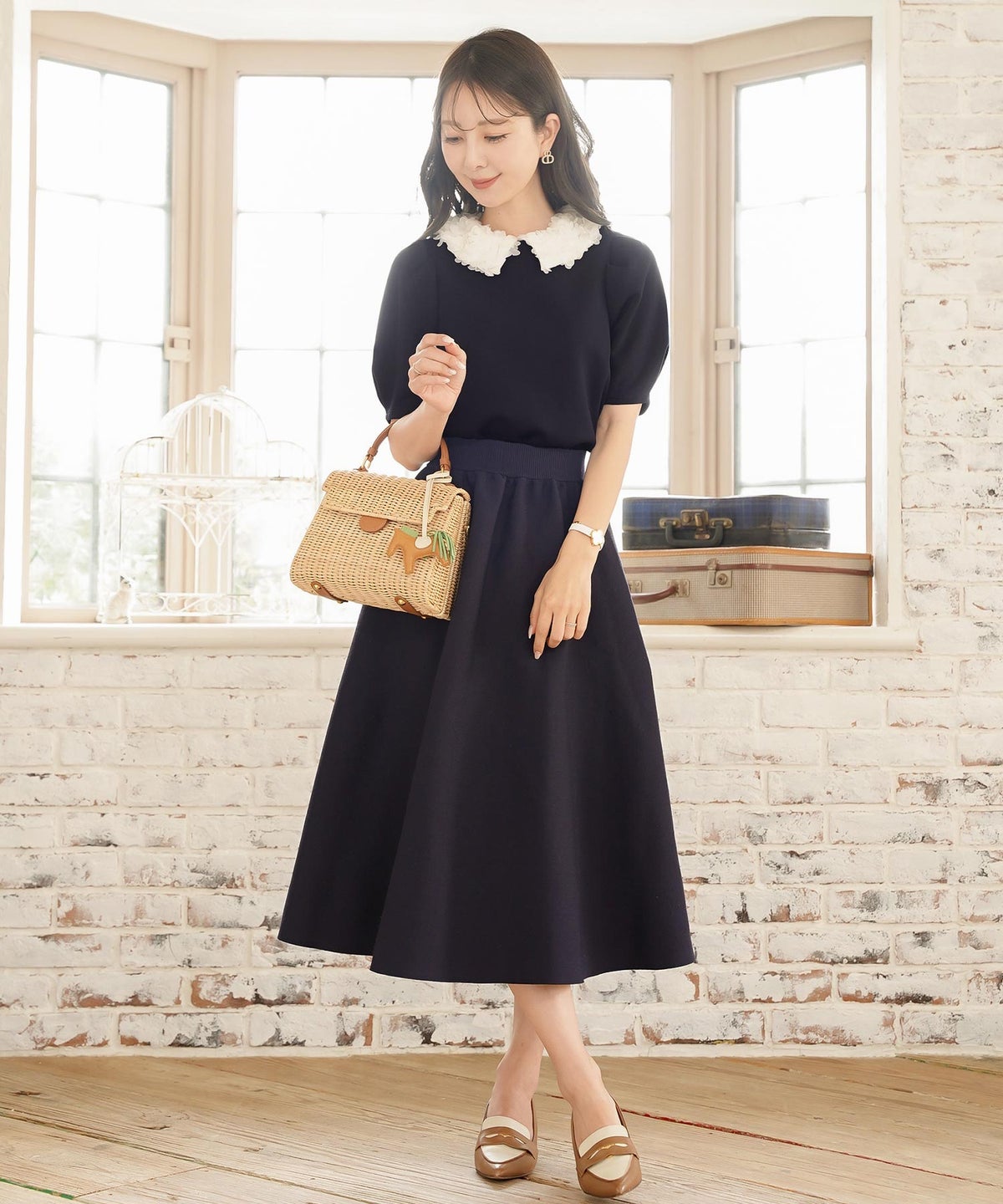 トップス カットソー 花襟 映え 襟付き 取り外し 2WAY 涙あき 半袖 Tシャツ タック ふんわり 二の腕カバー クルーネック ゆとり ホワイト ネイビー ピンク 配色 春 夏 秋 パンツコーデ