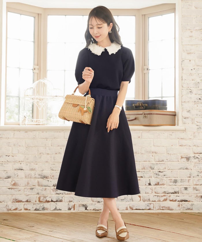 トップス カットソー 花襟 映え 襟付き 取り外し 2WAY 涙あき 半袖 Tシャツ タック ふんわり 二の腕カバー クルーネック ゆとり ホワイト ネイビー ピンク 配色 春 夏 秋 パンツコーデ