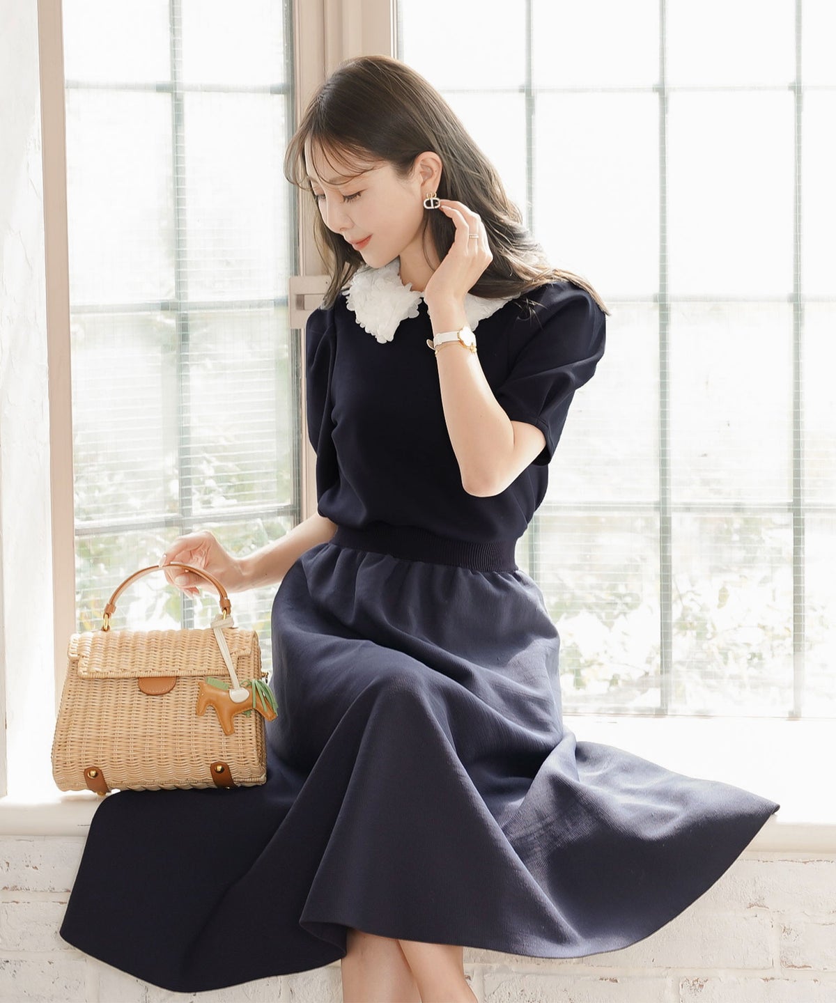 トップス カットソー 花襟 映え 襟付き 取り外し 2WAY 涙あき 半袖 Tシャツ タック ふんわり 二の腕カバー クルーネック ゆとり ホワイト ネイビー ピンク 配色 春 夏 秋 パンツコーデ