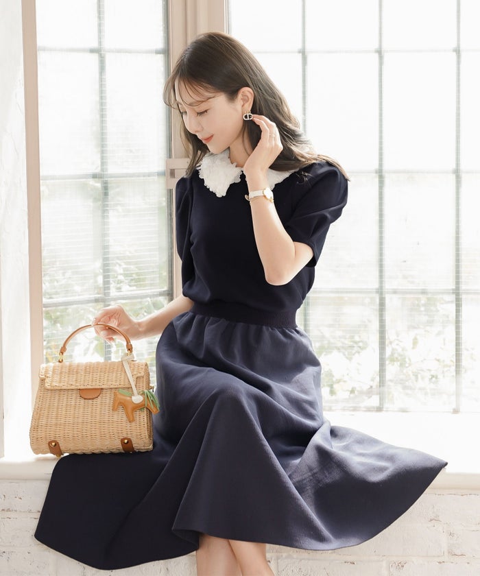 トップス カットソー 花襟 映え 襟付き 取り外し 2WAY 涙あき 半袖 Tシャツ タック ふんわり 二の腕カバー クルーネック ゆとり ホワイト ネイビー ピンク 配色 春 夏 秋 パンツコーデ