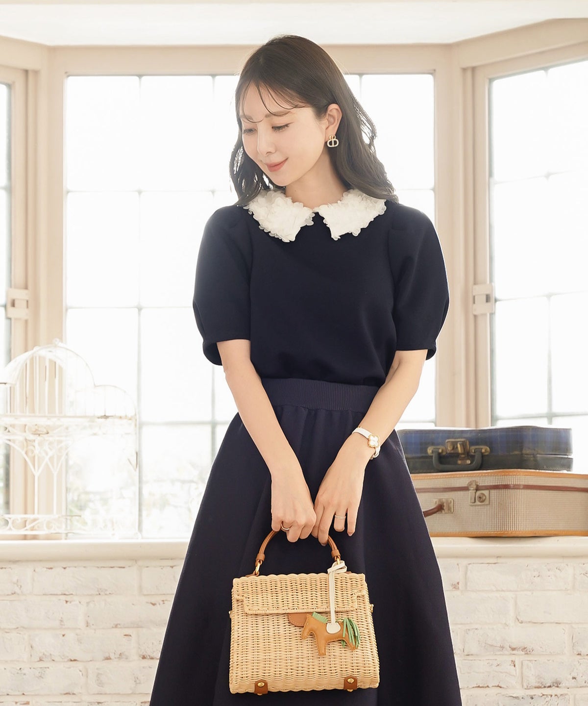 トップス カットソー 花襟 映え 襟付き 取り外し 2WAY 涙あき 半袖 Tシャツ タック ふんわり 二の腕カバー クルーネック ゆとり ホワイト ネイビー ピンク 配色 春 夏 秋 パンツコーデ