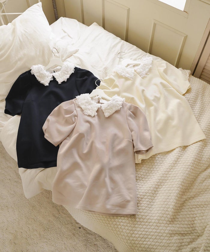 トップス カットソー 花襟 映え 襟付き 取り外し 2WAY 涙あき 半袖 Tシャツ タック ふんわり 二の腕カバー クルーネック ゆとり ホワイト ネイビー ピンク 配色 春 夏 秋 パンツコーデ