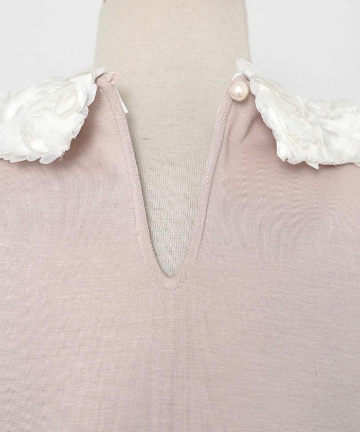 トップス カットソー 花襟 映え 襟付き 取り外し 2WAY 涙あき 半袖 Tシャツ タック ふんわり 二の腕カバー クルーネック ゆとり ホワイト ネイビー ピンク 配色 春 夏 秋 パンツコーデ