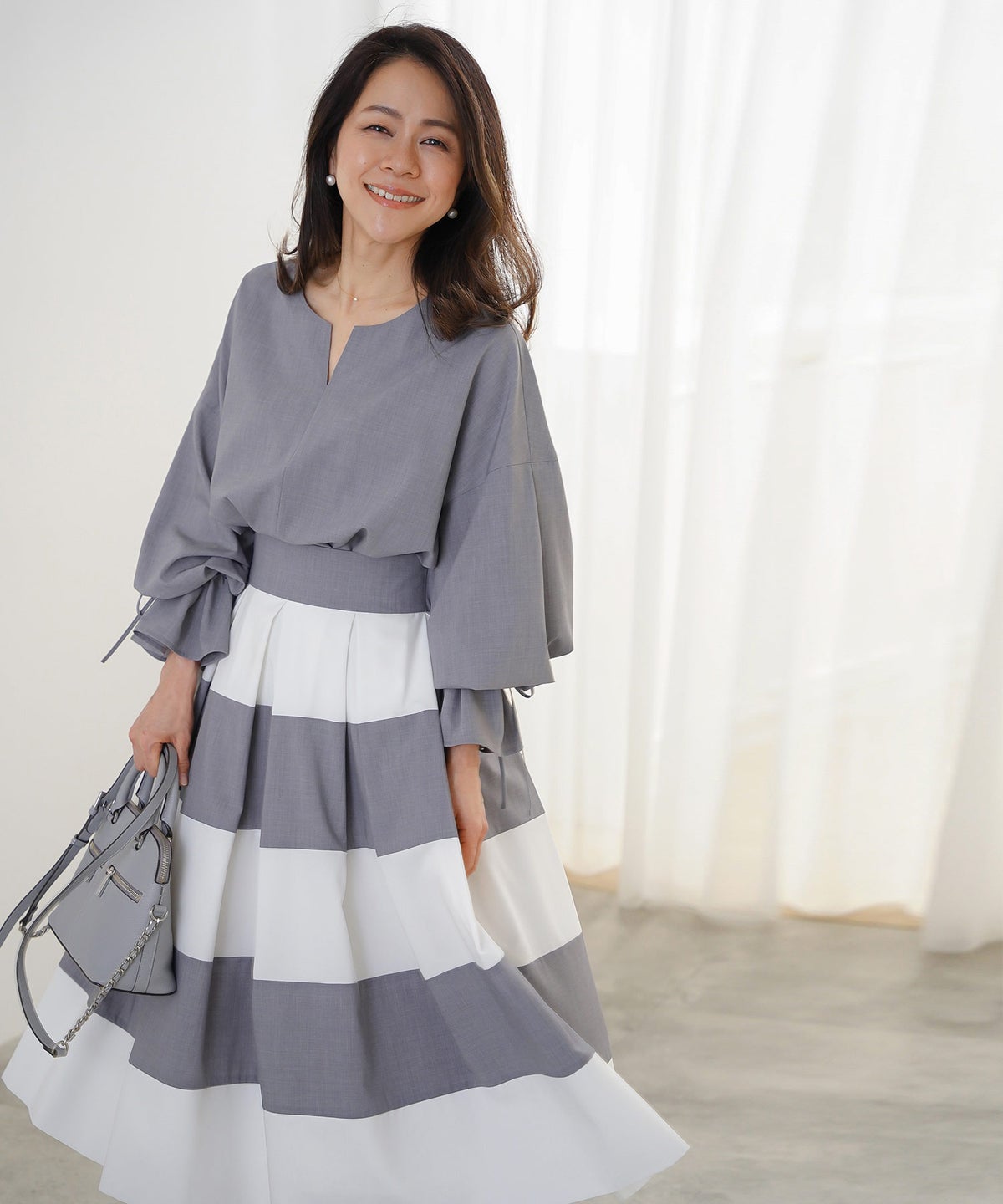 スカート フレア グレー ボーダー 通勤 デート 女子会 フェミニン ジョイントスペース