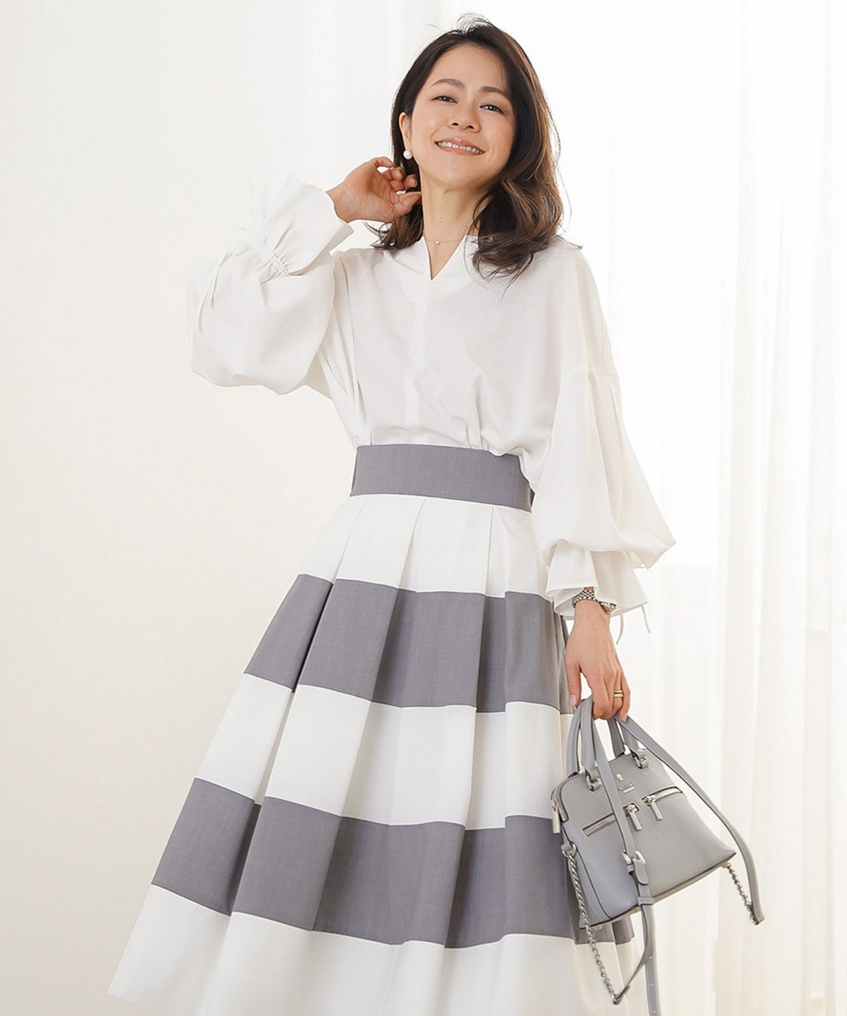 スカート フレア グレー ボーダー 通勤 デート 女子会 フェミニン ジョイントスペース