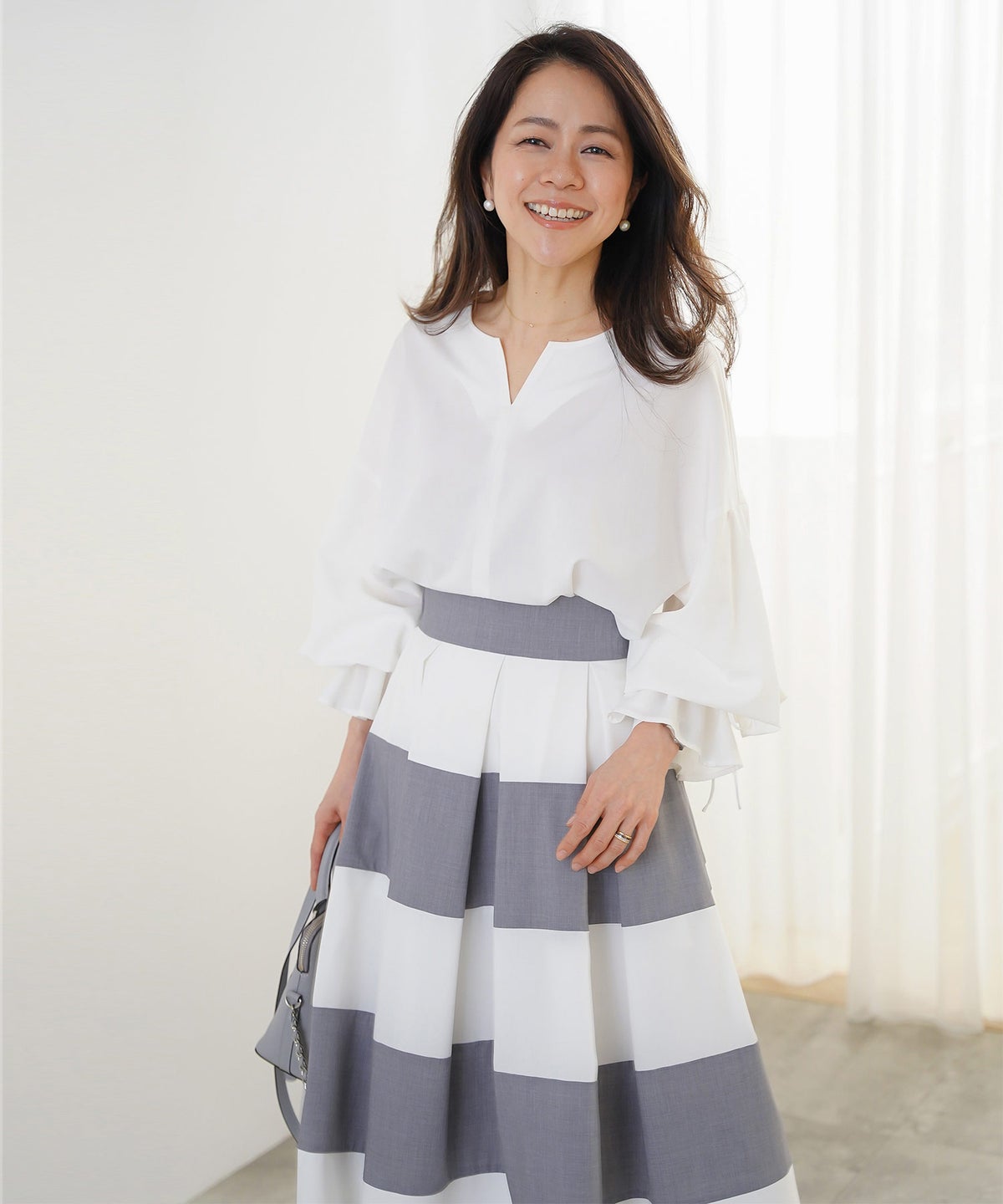 スカート フレア グレー ボーダー 通勤 デート 女子会 フェミニン ジョイントスペース