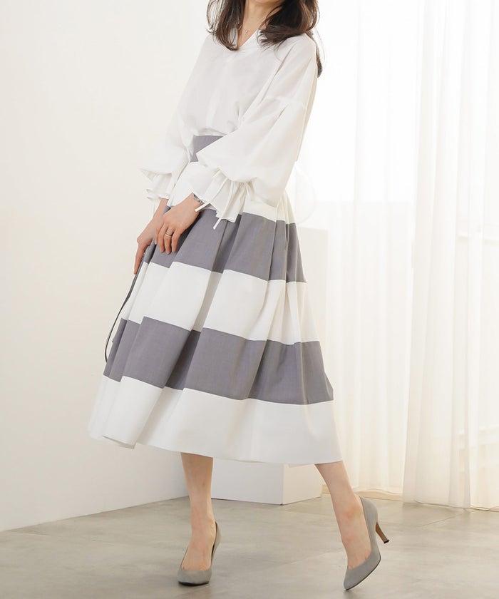 スカート フレア グレー ボーダー 通勤 デート 女子会 フェミニン ジョイントスペース