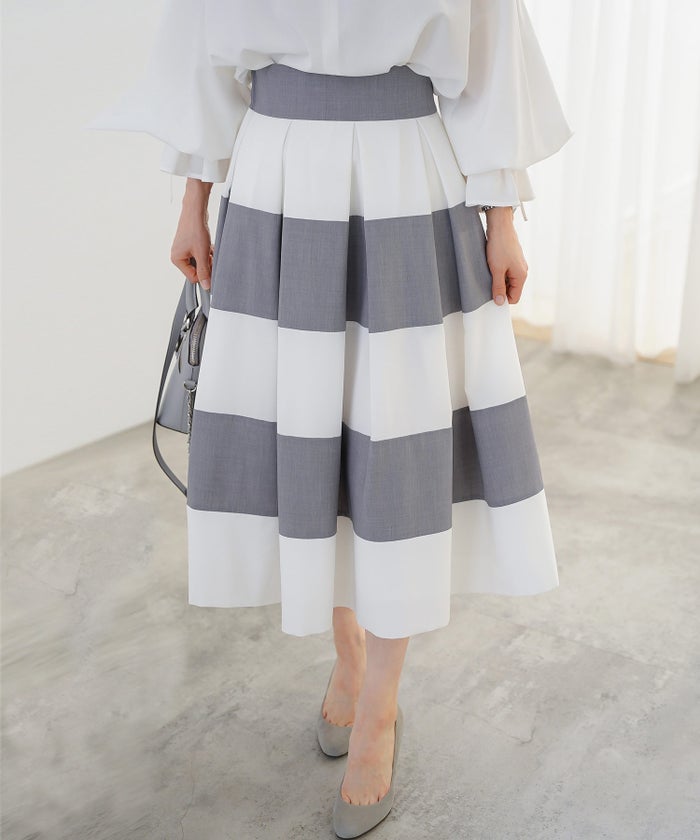 スカート フレア グレー ボーダー 通勤 デート 女子会 フェミニン ジョイントスペース