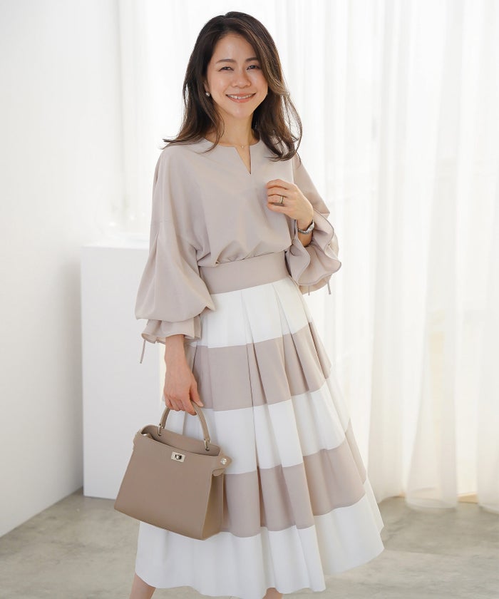 スカート フレア ベージュ ボーダー 通勤 デート 女子会 フェミニン ジョイントスペース