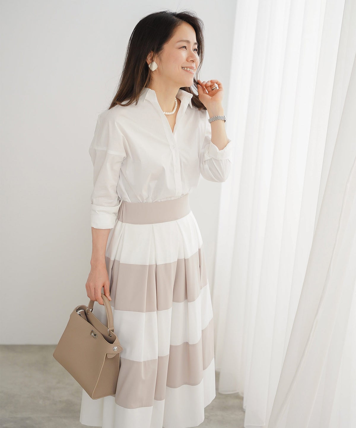 スカート フレア ベージュ ボーダー 通勤 デート 女子会 フェミニン ジョイントスペース