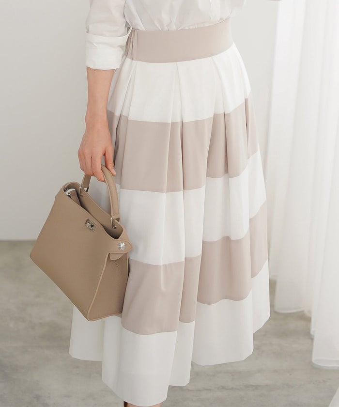 スカート フレア ベージュ ボーダー 通勤 デート 女子会 フェミニン ジョイントスペース