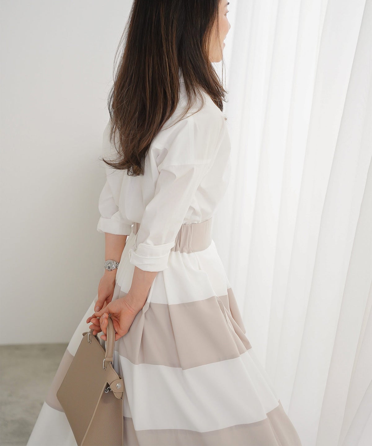 スカート フレア ベージュ ボーダー 通勤 デート 女子会 フェミニン ジョイントスペース