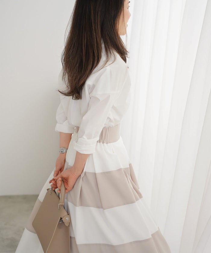 スカート フレア ベージュ ボーダー 通勤 デート 女子会 フェミニン ジョイントスペース