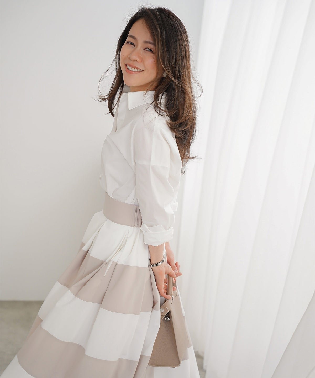 スカート フレア ベージュ ボーダー 通勤 デート 女子会 フェミニン ジョイントスペース