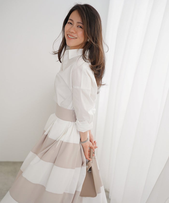 スカート フレア ベージュ ボーダー 通勤 デート 女子会 フェミニン ジョイントスペース