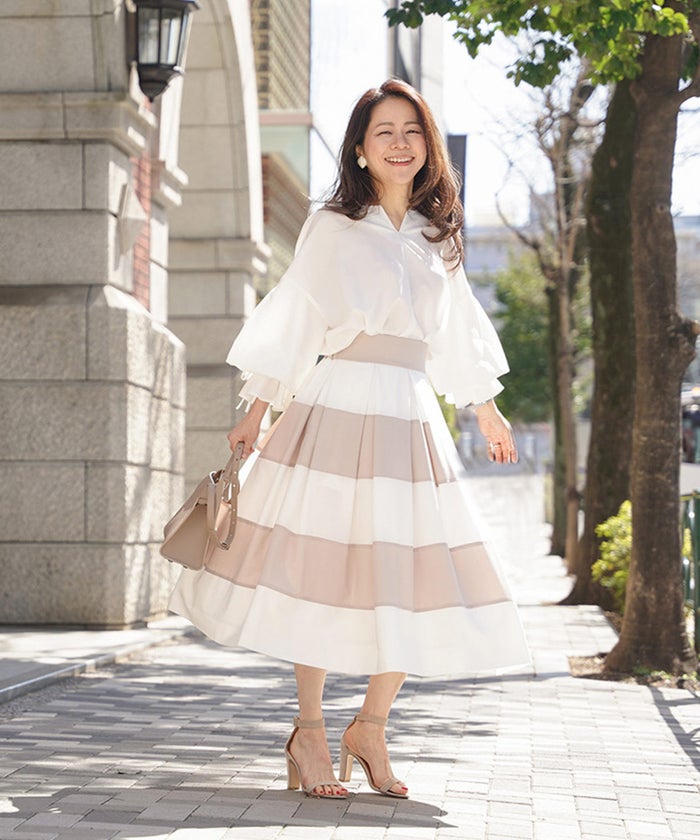 スカート フレア ベージュ ボーダー 通勤 デート 女子会 フェミニン ジョイントスペース