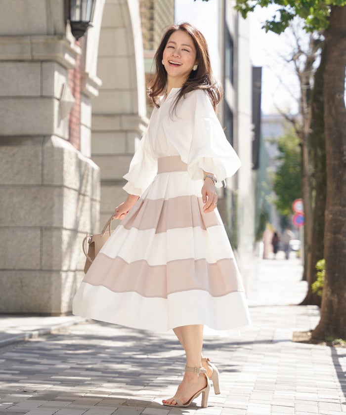 スカート フレア ベージュ ボーダー 通勤 デート 女子会 フェミニン ジョイントスペース