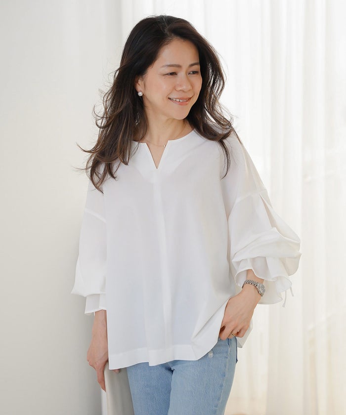 ブラウス ホワイト バルーンスリーブ 2way リボン 通勤 ジョイントスペース