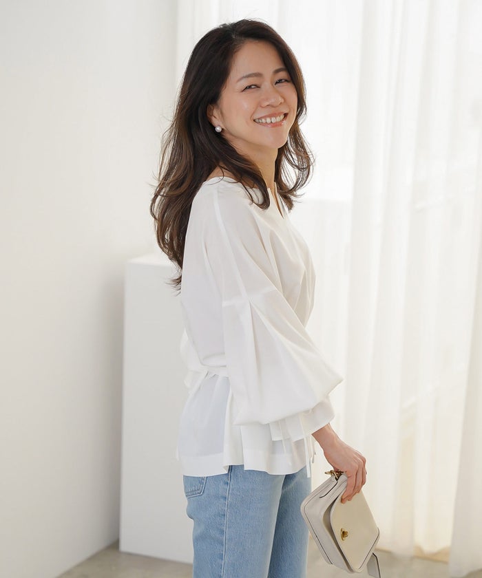 ブラウス ホワイト バルーンスリーブ 2way リボン 通勤 ジョイントスペース