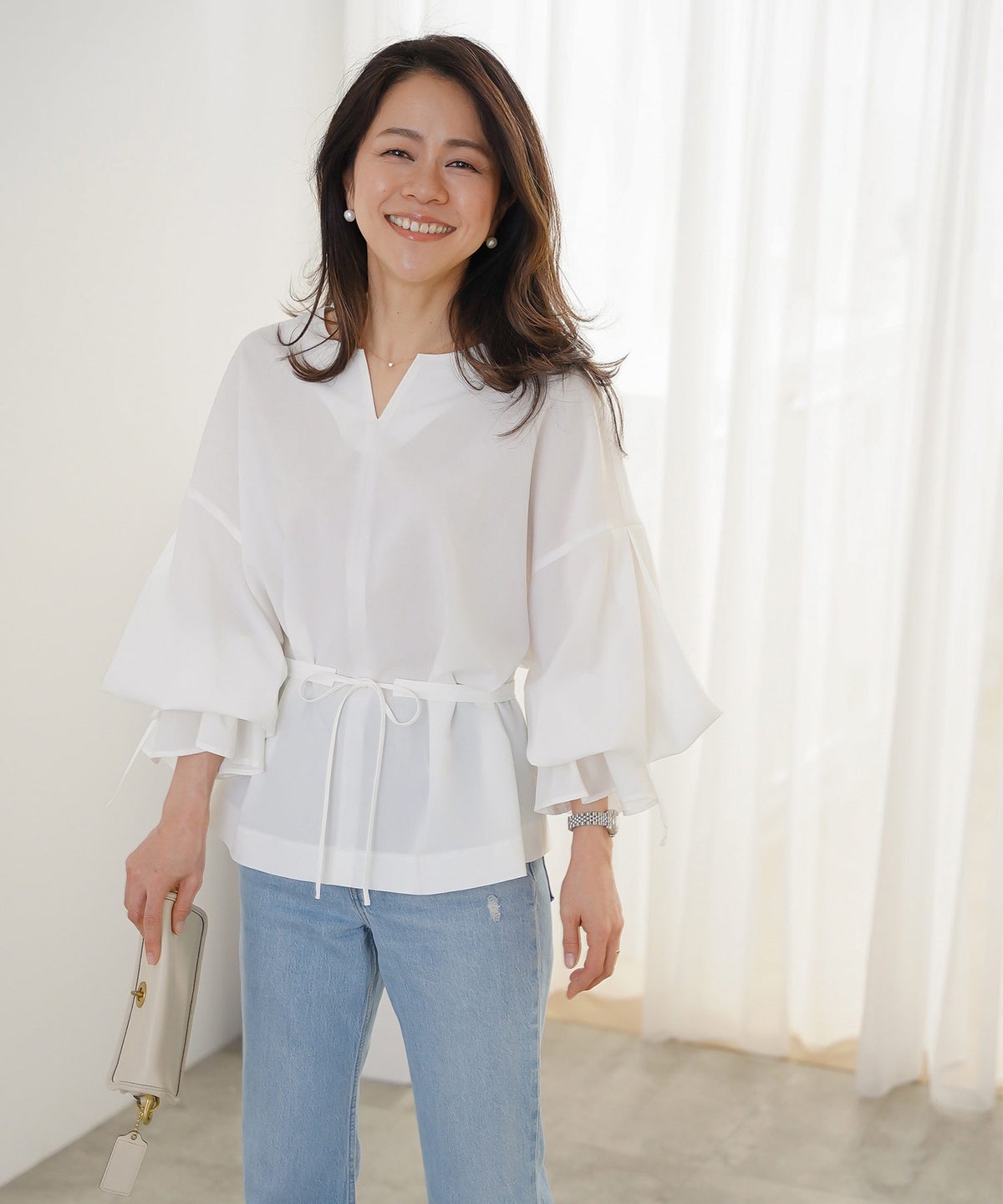 ブラウス ホワイト バルーンスリーブ 2way リボン 通勤 ジョイントスペース