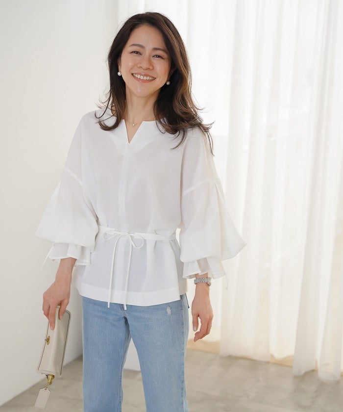 ブラウス ホワイト バルーンスリーブ 2way リボン 通勤 ジョイントスペース