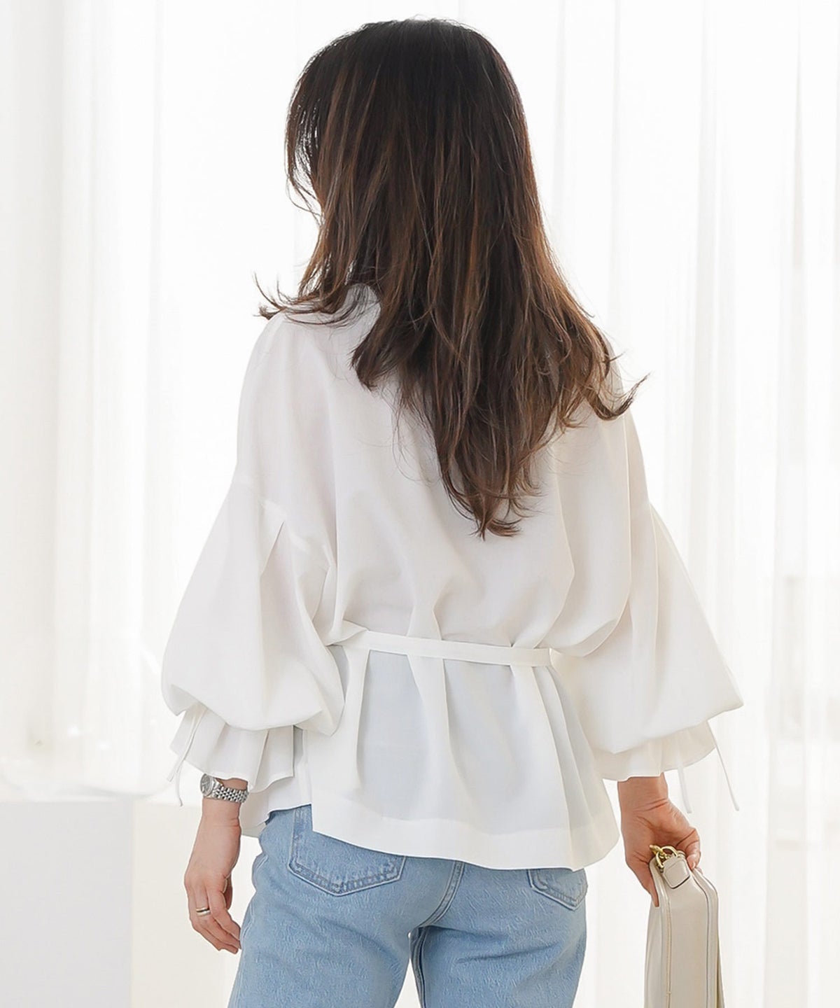 ブラウス ホワイト バルーンスリーブ 2way リボン 通勤 ジョイントスペース